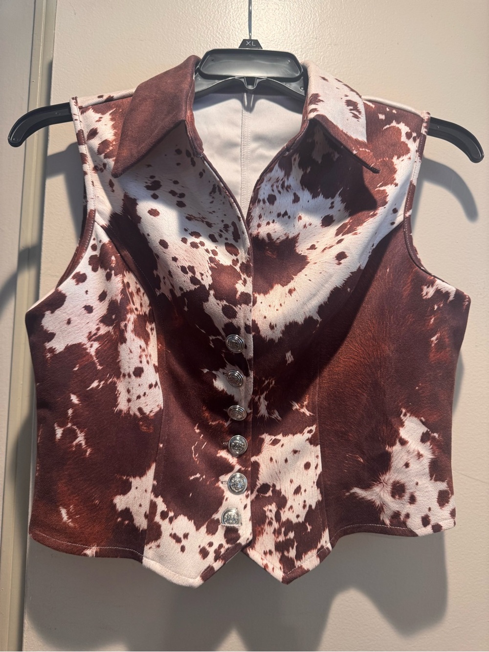 SHEIN Brown and White Cow Print Sleeveless Button Vest